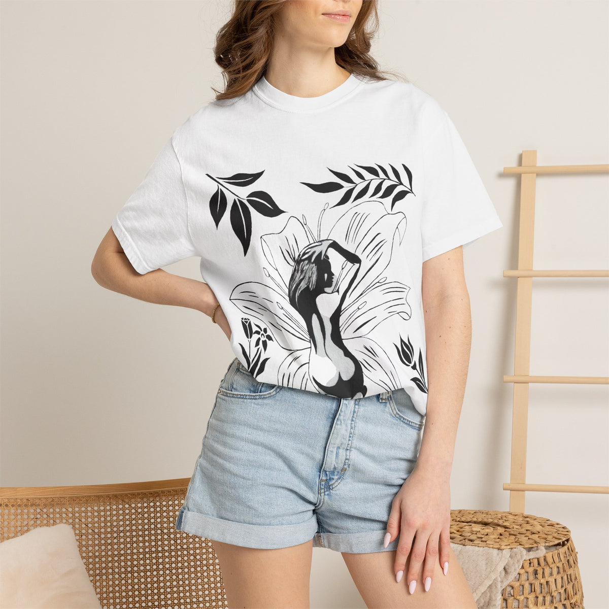 Flower Girl Silhouette Tee — Black Botanical Figure Graphic T-Shirt