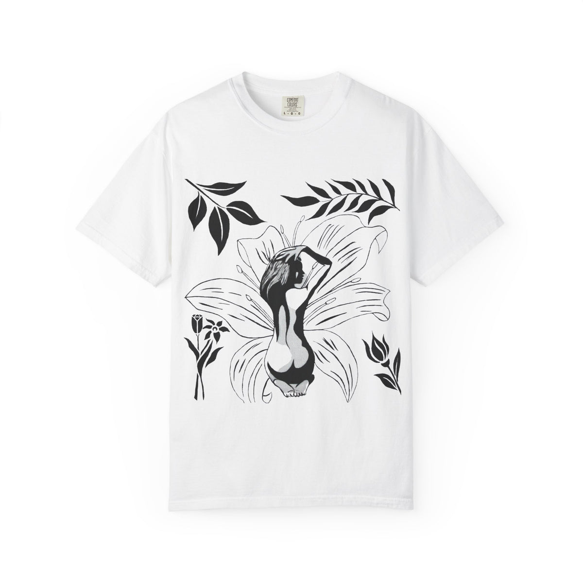Flower Girl Silhouette Tee — Black Botanical Figure Graphic T-Shirt
