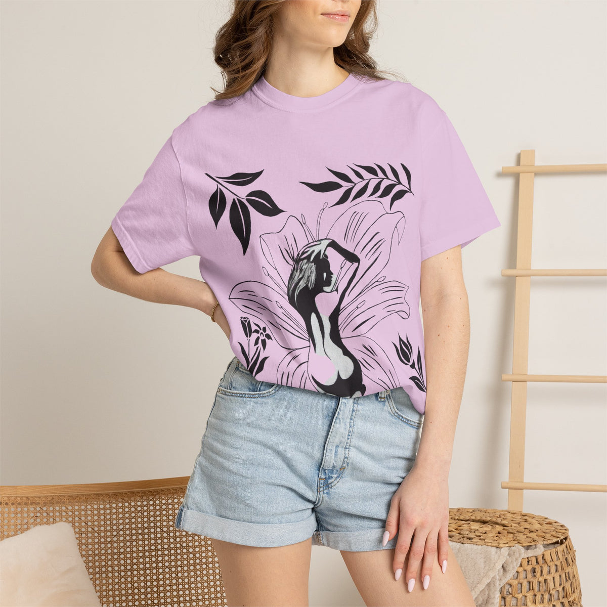 Flower Girl Silhouette Tee — Black Botanical Figure Graphic T-Shirt