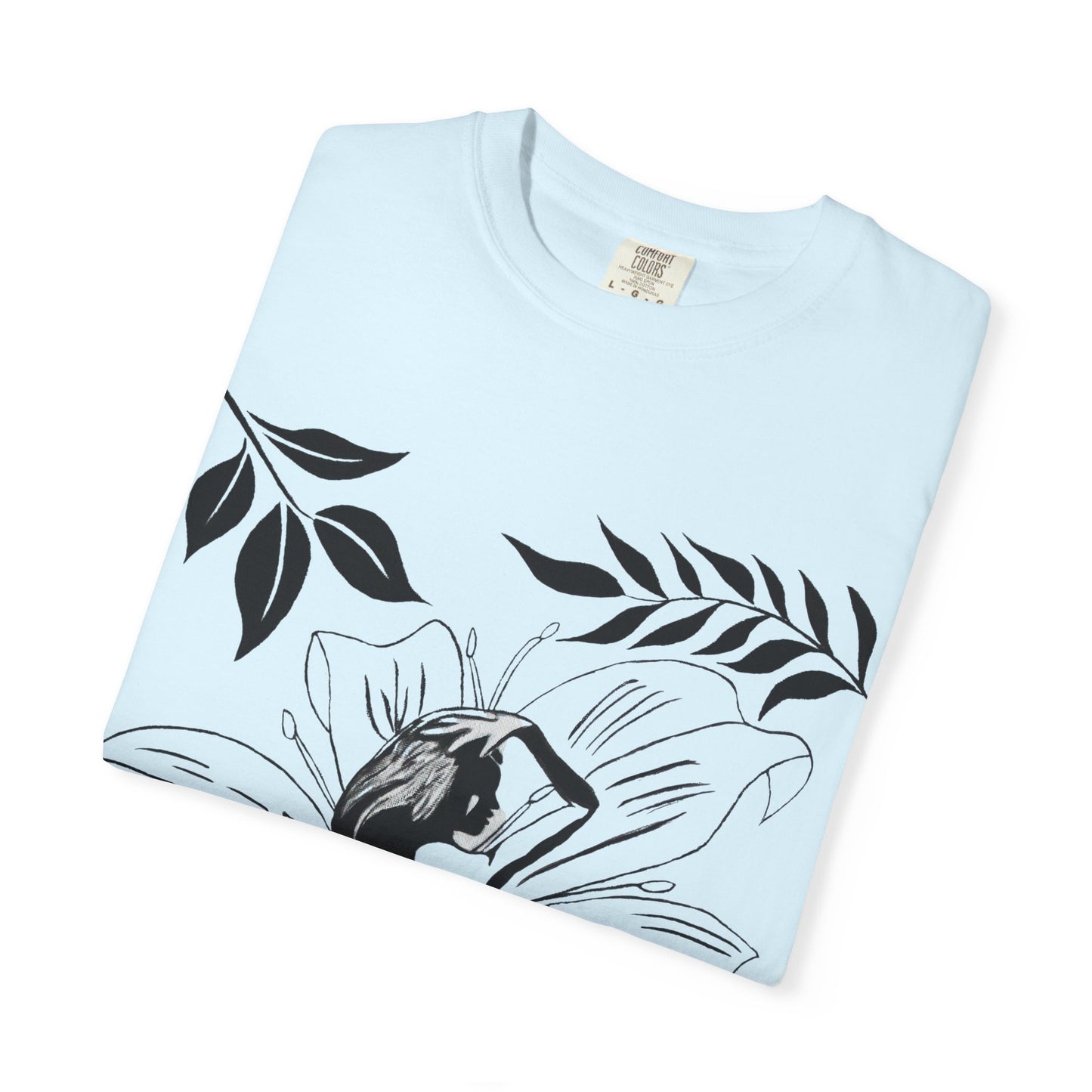 Flower Girl Silhouette Tee — Black Botanical Figure Graphic T-Shirt