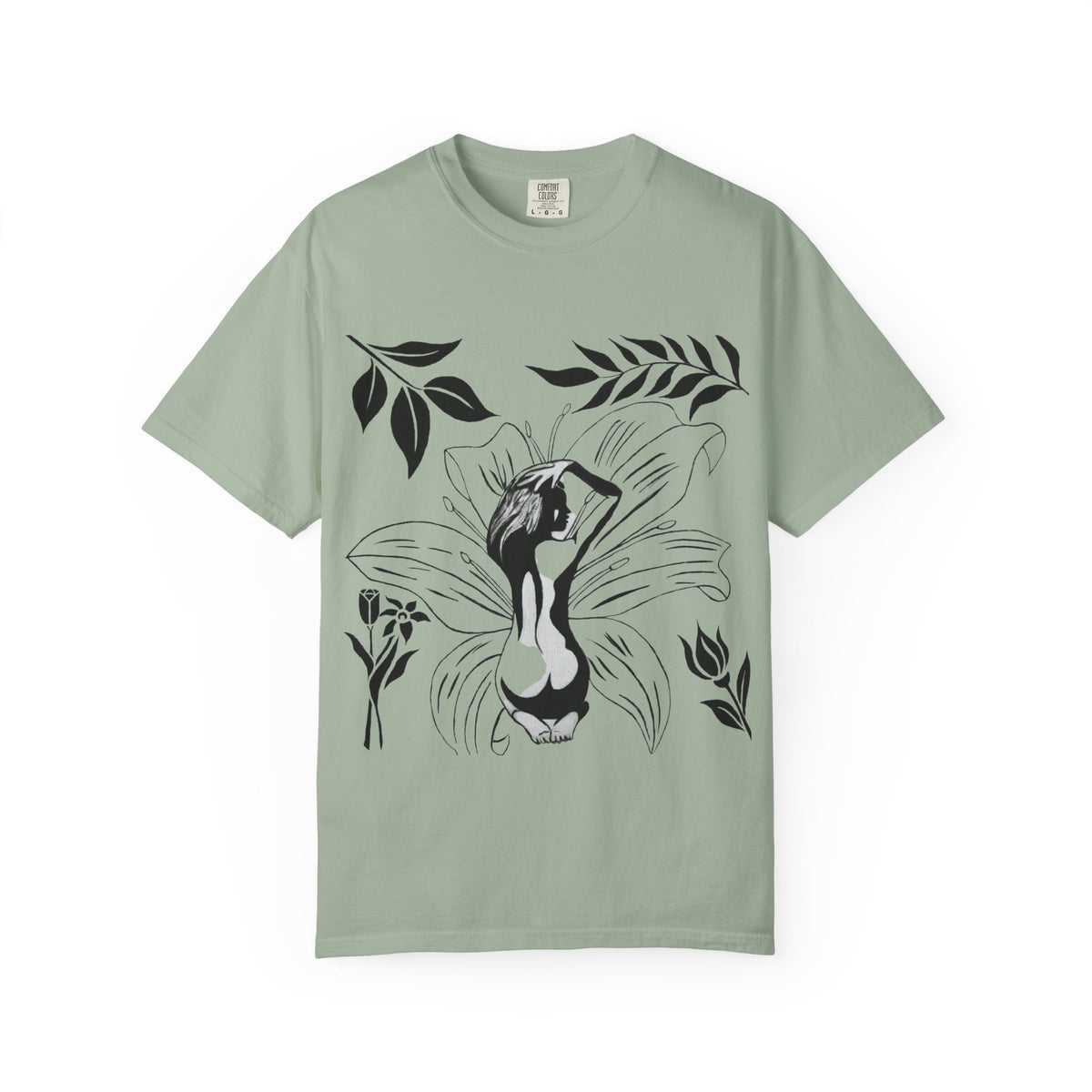 Flower Girl Silhouette Tee — Black Botanical Figure Graphic T-Shirt