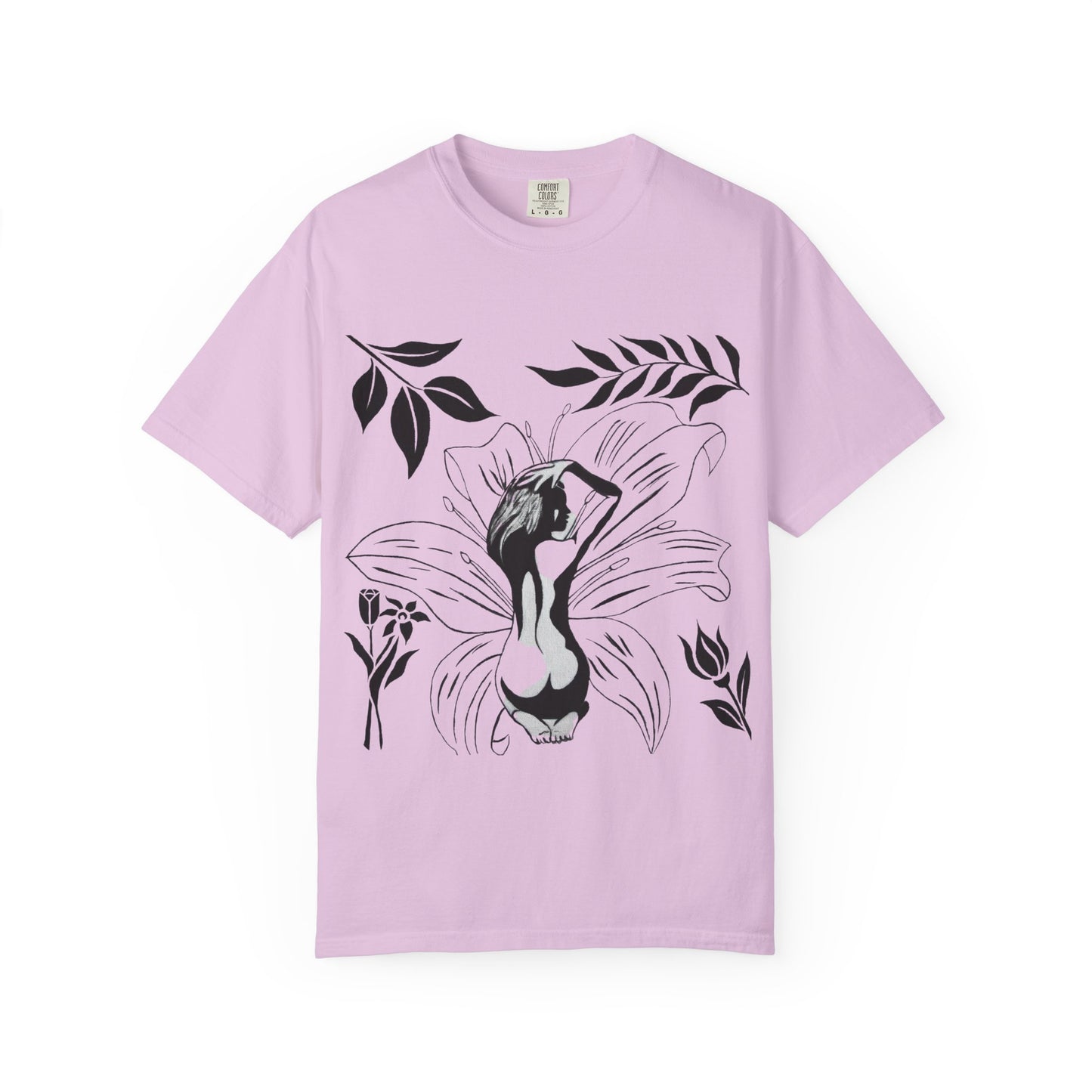 Flower Girl Silhouette Tee — Black Botanical Figure Graphic T-Shirt