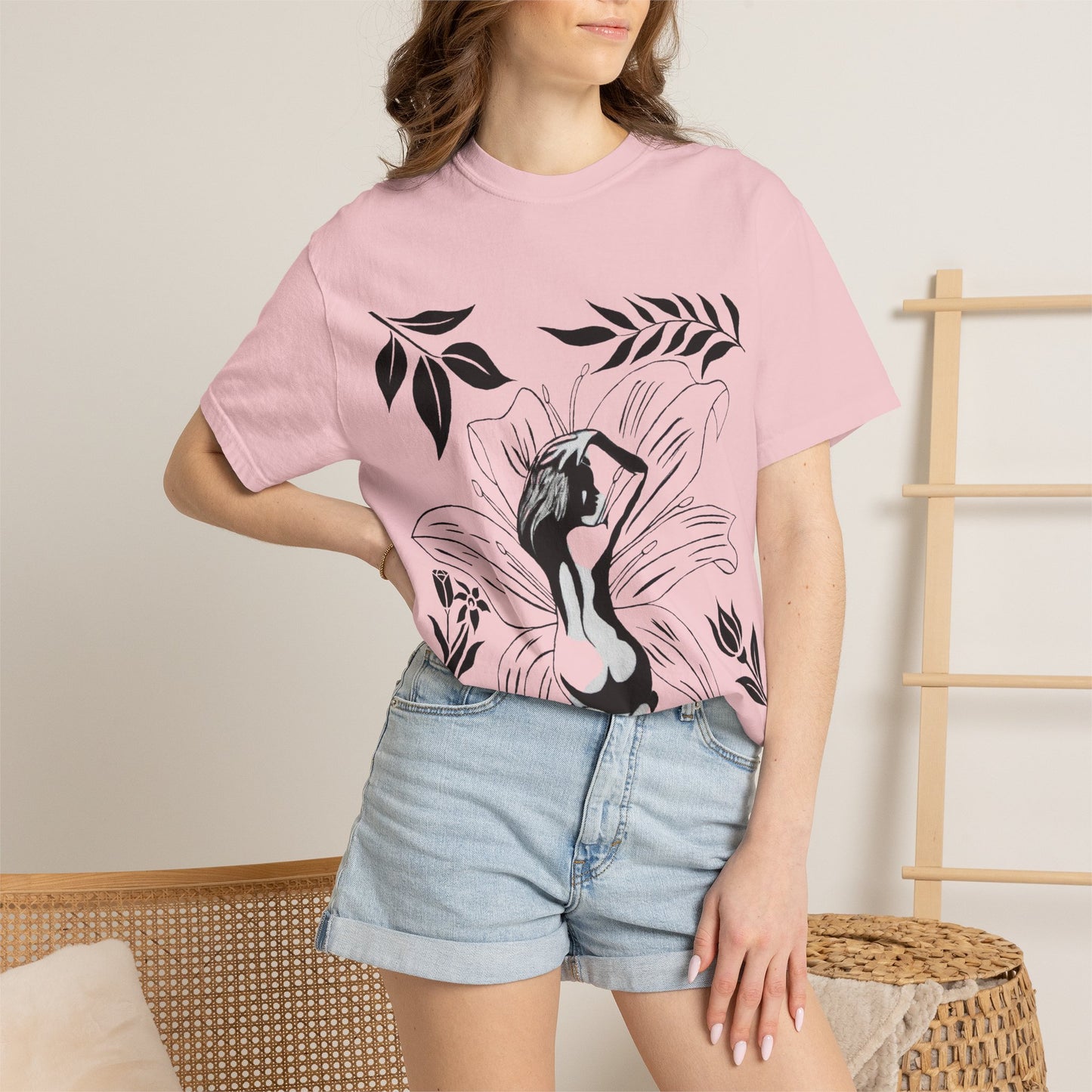Flower Girl Silhouette Tee — Black Botanical Figure Graphic T-Shirt