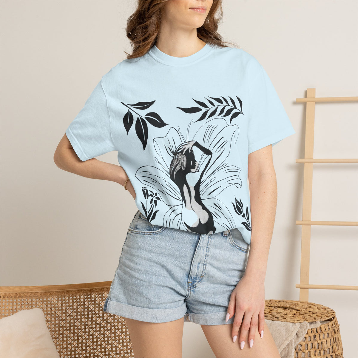 Flower Girl Silhouette Tee — Black Botanical Figure Graphic T-Shirt