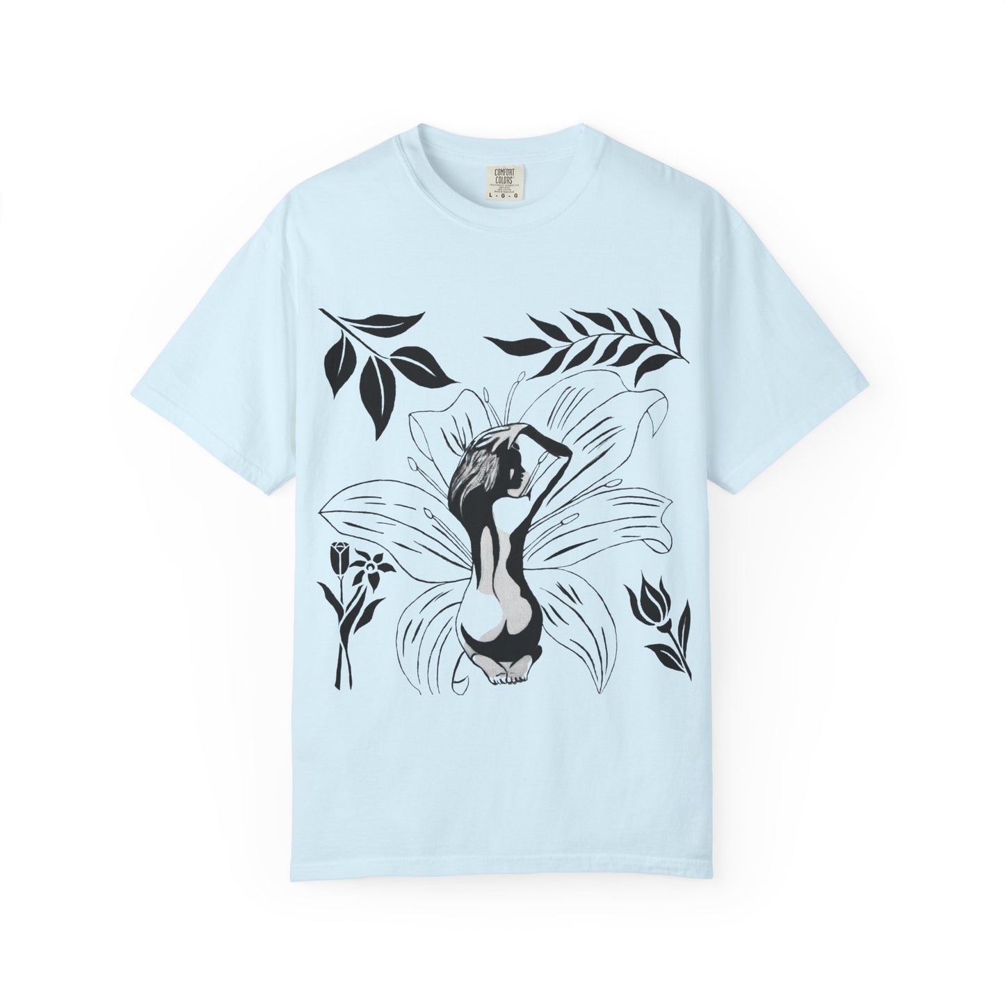 Flower Girl Silhouette Tee — Black Botanical Figure Graphic T-Shirt