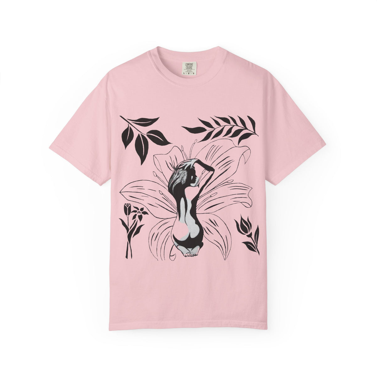 Flower Girl Silhouette Tee — Black Botanical Figure Graphic T-Shirt