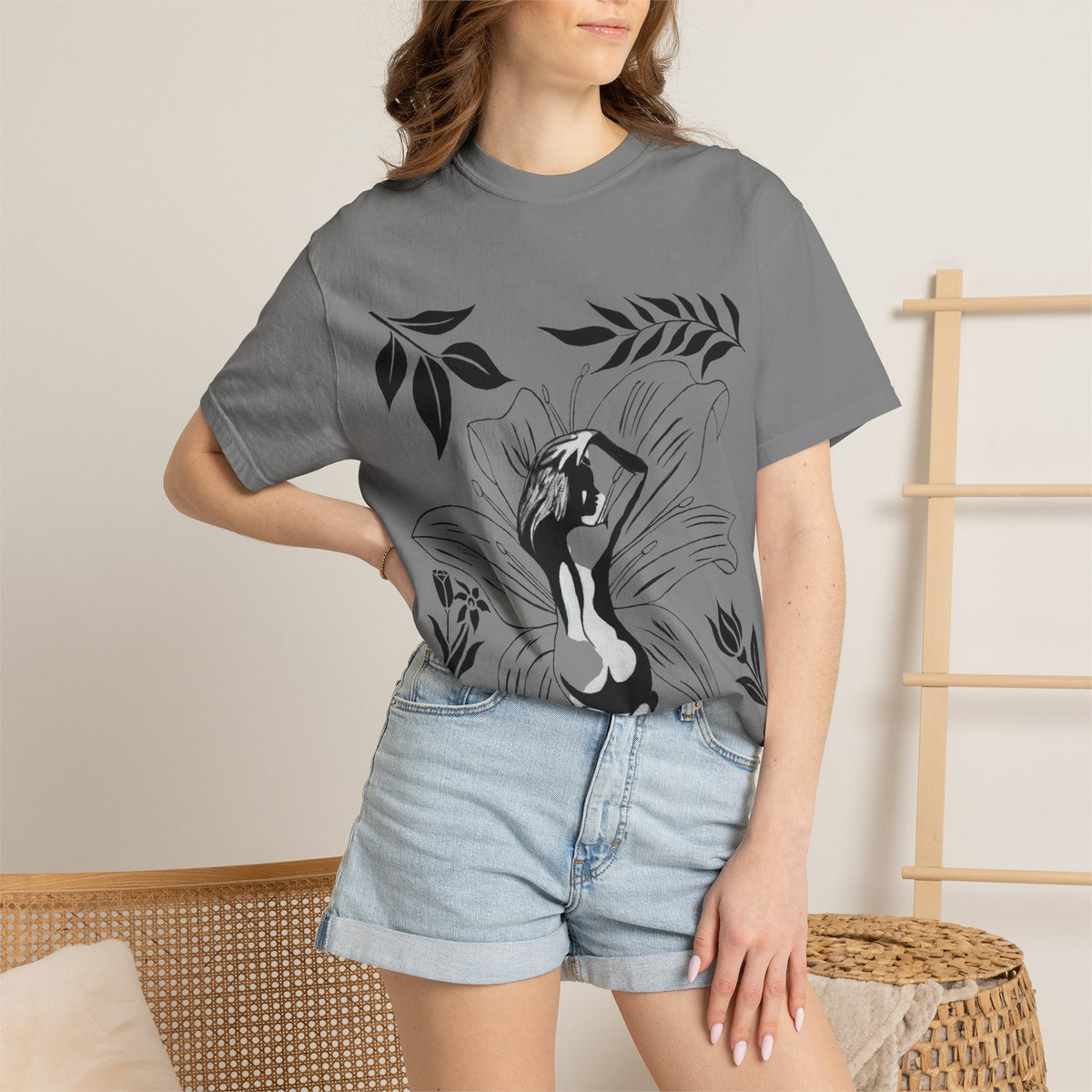 Flower Girl Silhouette Tee — Black Botanical Figure Graphic T-Shirt
