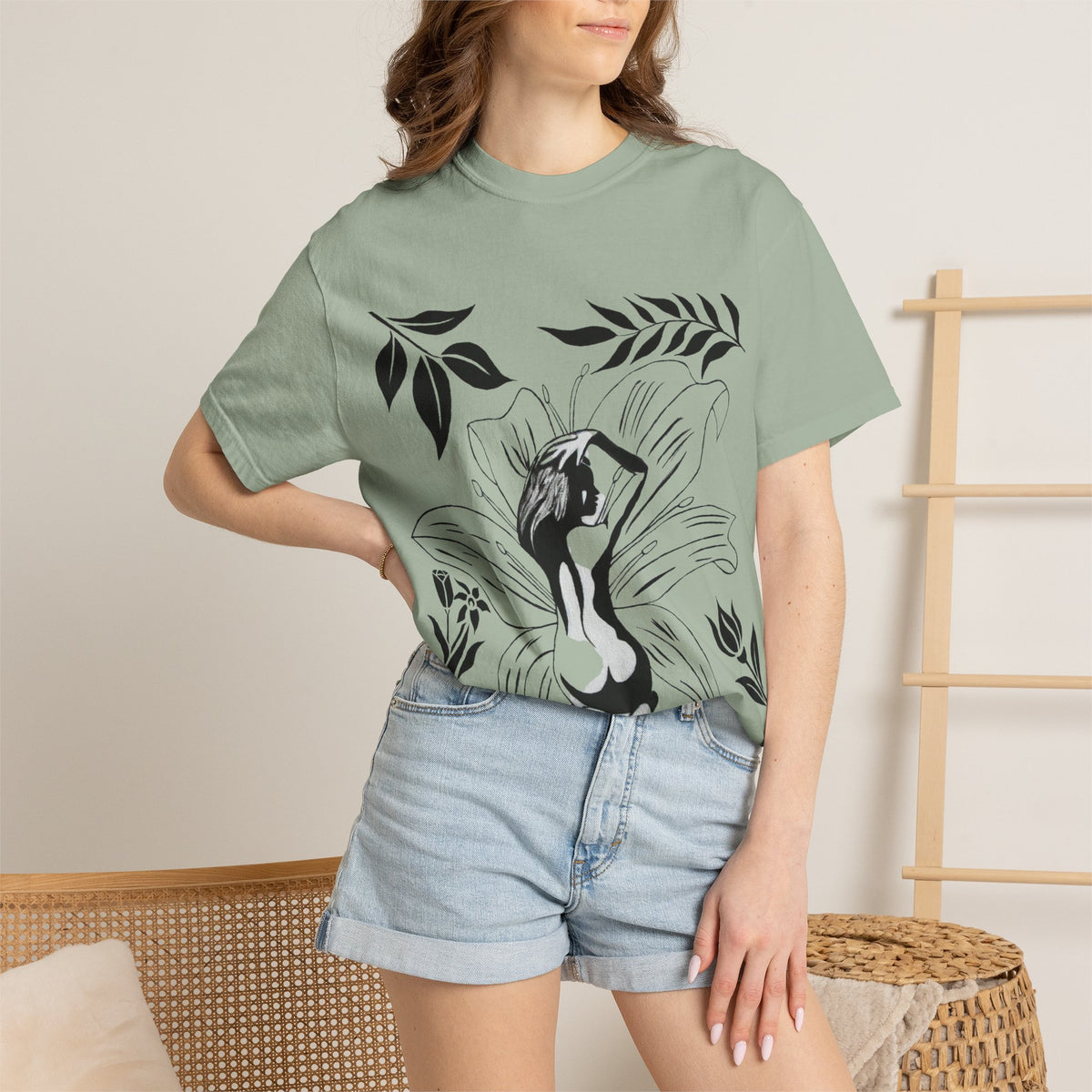 Flower Girl Silhouette Tee — Black Botanical Figure Graphic T-Shirt