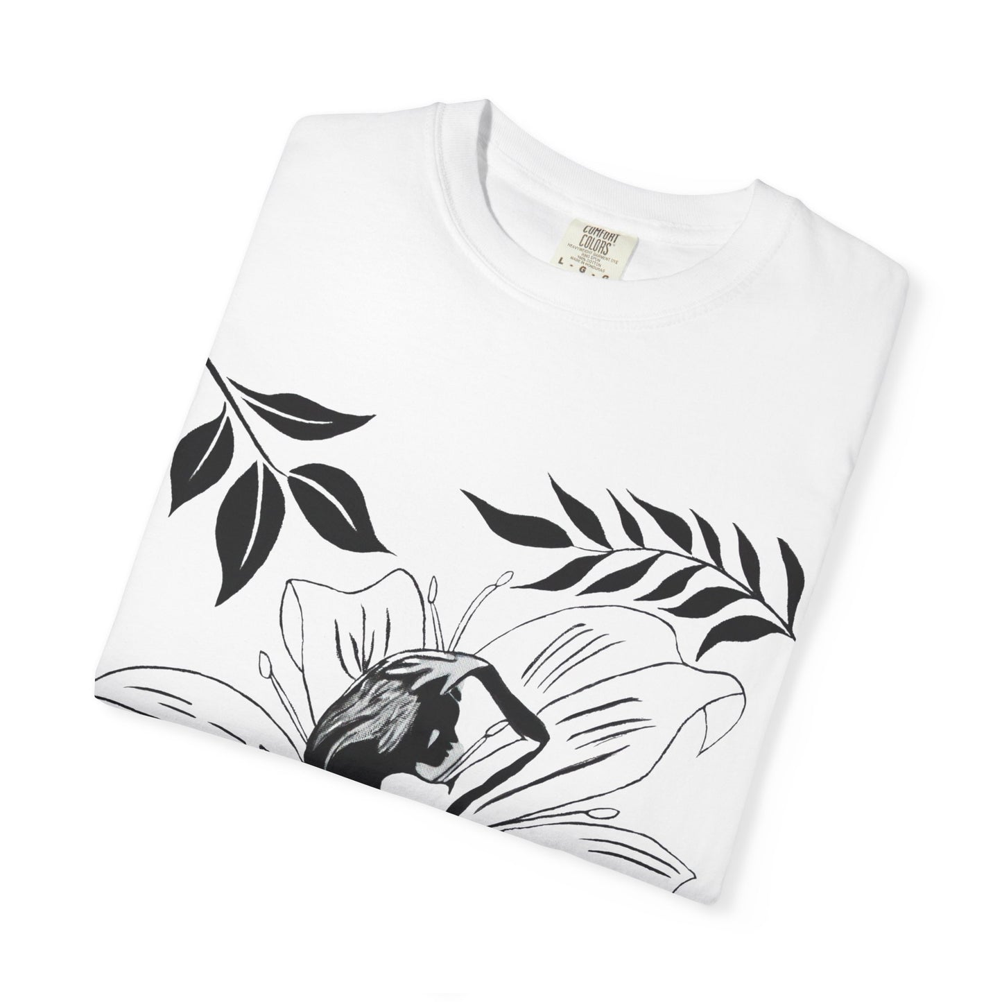 Flower Girl Silhouette Tee — Black Botanical Figure Graphic T-Shirt