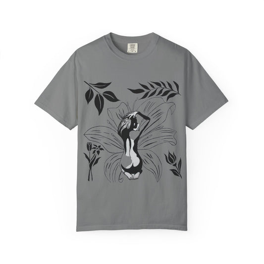 Flower Girl Silhouette Tee — Black Botanical Figure Graphic T-Shirt