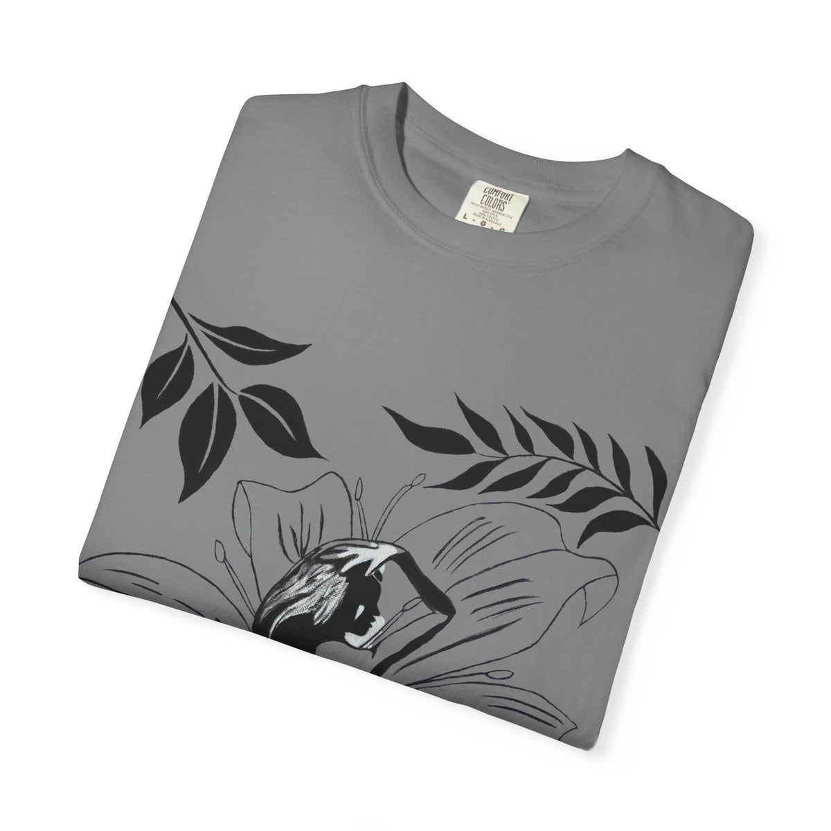 Flower Girl Silhouette Tee — Black Botanical Figure Graphic T-Shirt